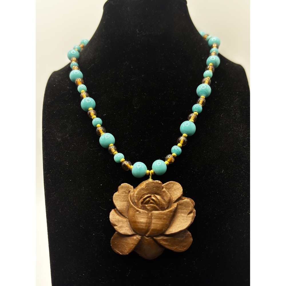 Sonoma‎ Pendant Necklace Womens 16in Blue Brown Carved Rose Beaded Boho Floral